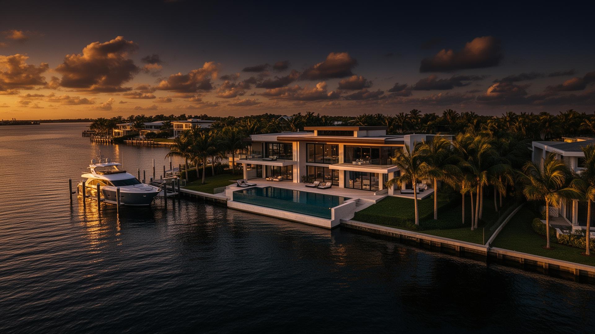 Tampa Bay waterfront luxury estate at golden hour